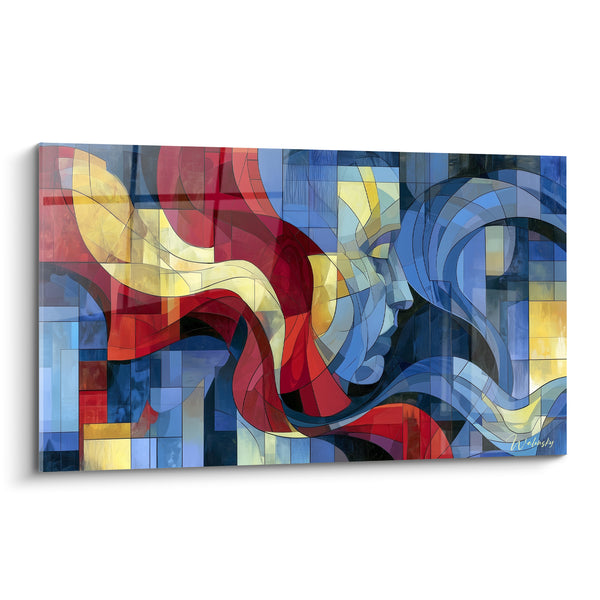 Tableau Visage géométrique bleu et rouge cubiste - Fragments d'une pensée - Edition Visage abstrait