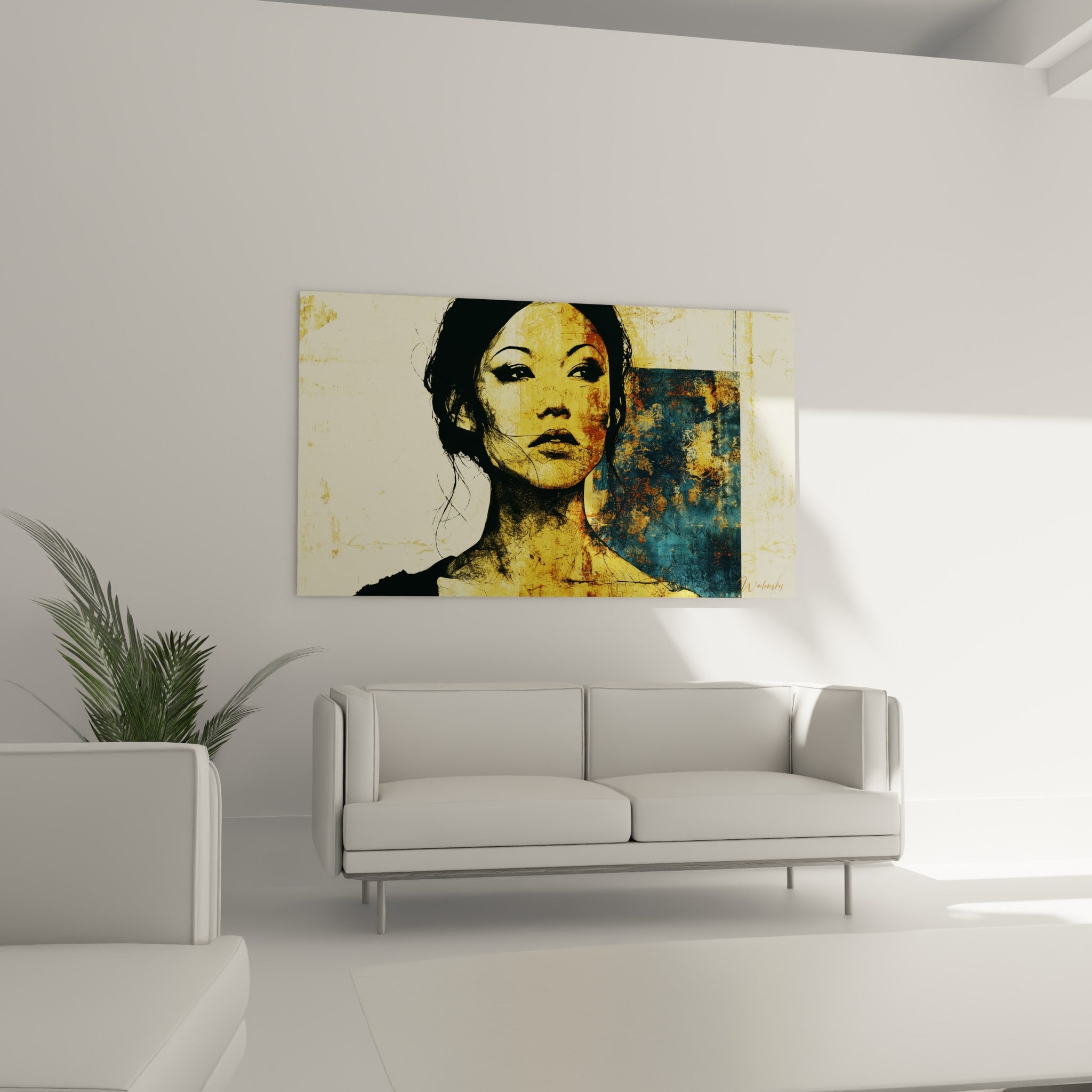 Femme au visage doré et fond bleu marine texturé, visage abstrait au-dessus d'un canapé dans un salon lumineux