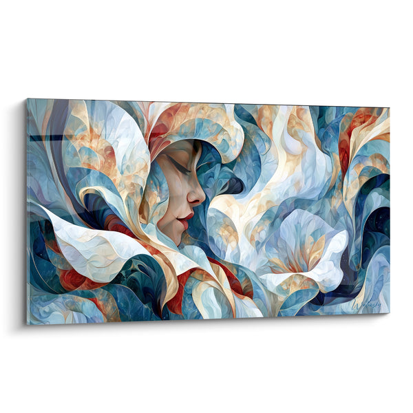 Tableau Visage bleu et terracotta aux pétales fluides - Songe éveillé - Edition Visage abstrait