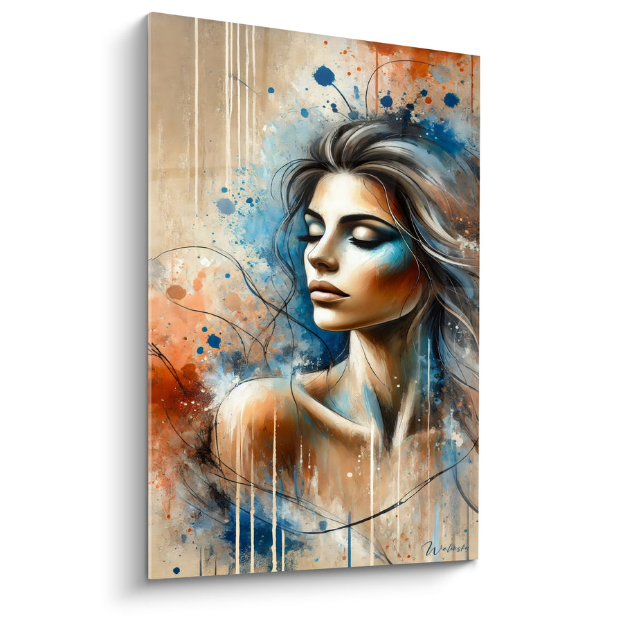 Tableau Portrait féminin bleu terracotta aux coulures - Rêverie suspendue - Edition Visage asbtrait