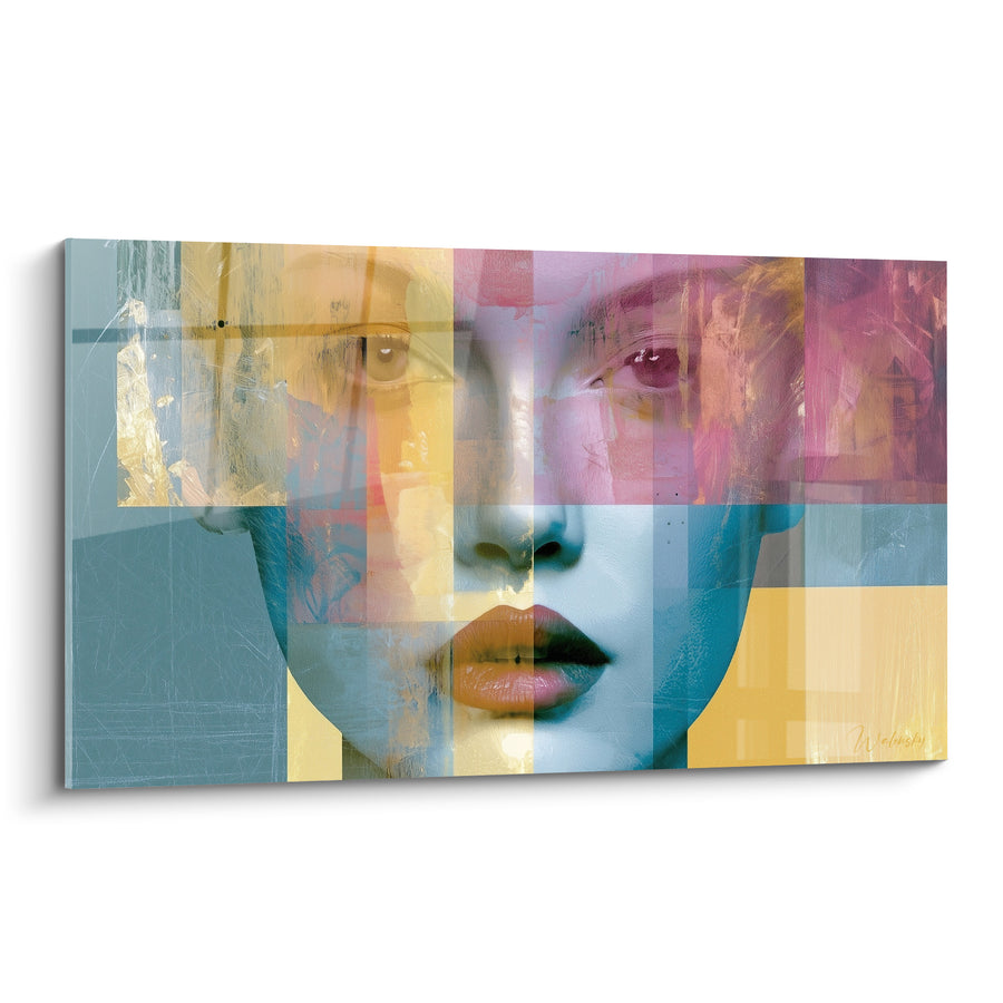 Tableau Visage bleu et jaune aux lèvres orangées superposées - Damier pastel translucide - Edition Visage abstrait