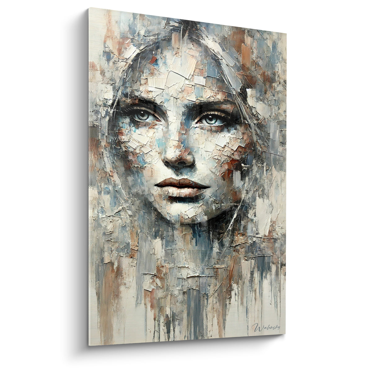 Visage abstrait aux teintes bleu ardoise et ocre brûlé, texture spatulée dense sur toile