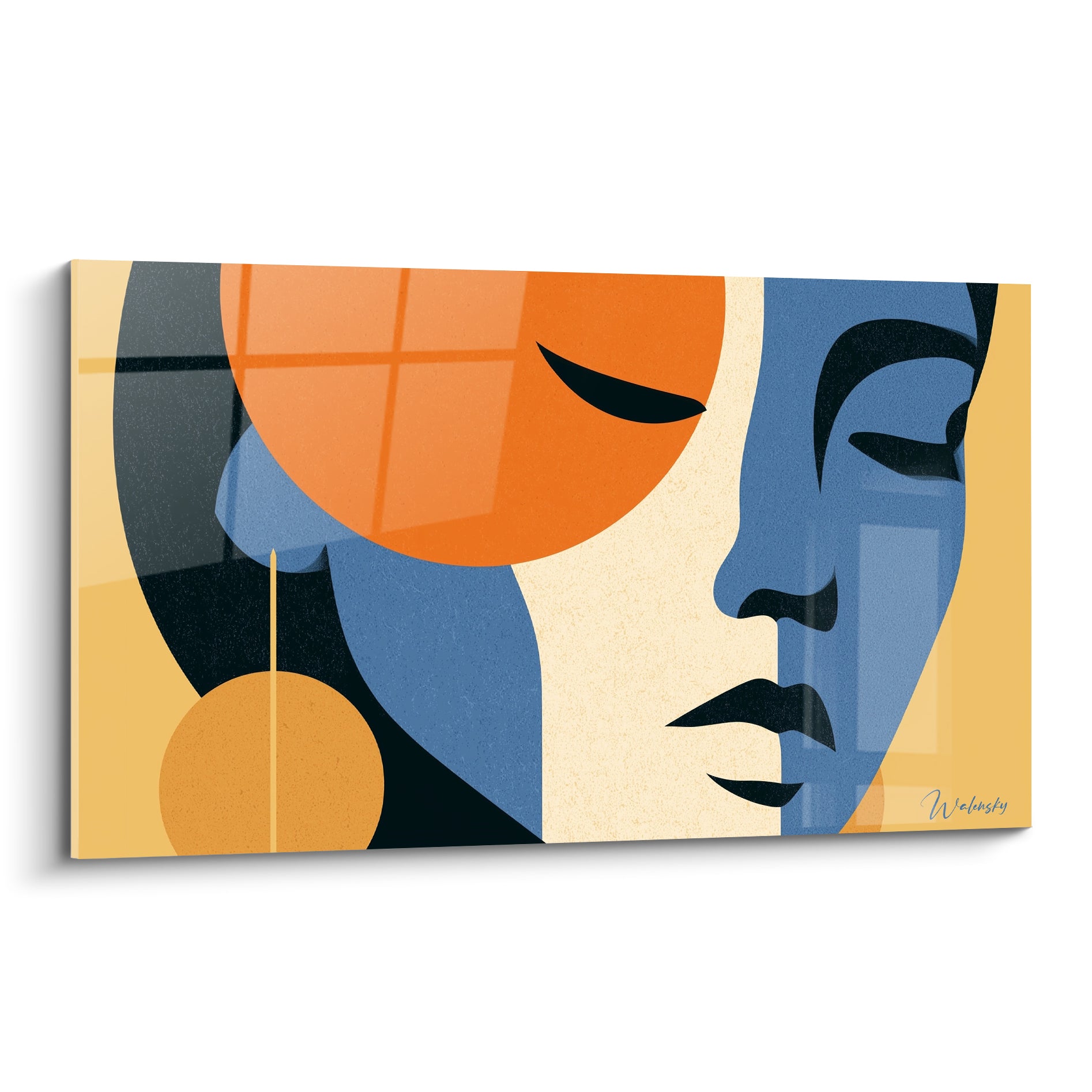 Visage abstrait au profil bleu ardoise et disque orange sur fond ocre jaune texturé