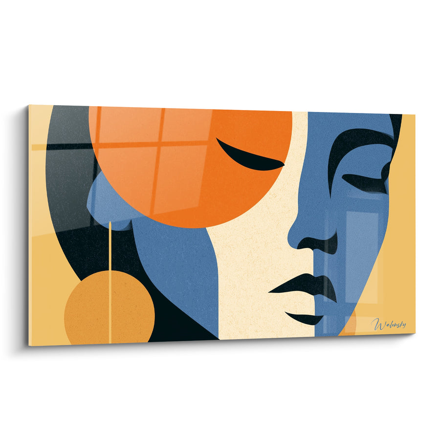 Tableau Visage géométrique bleu et orange aux formes rondes - Songe géométrique - Edition Visage abstrait