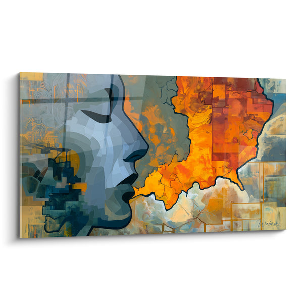 Tableau Profil bleu et flamme orange fracturée - Collision intérieure - Edition Visage abstrait