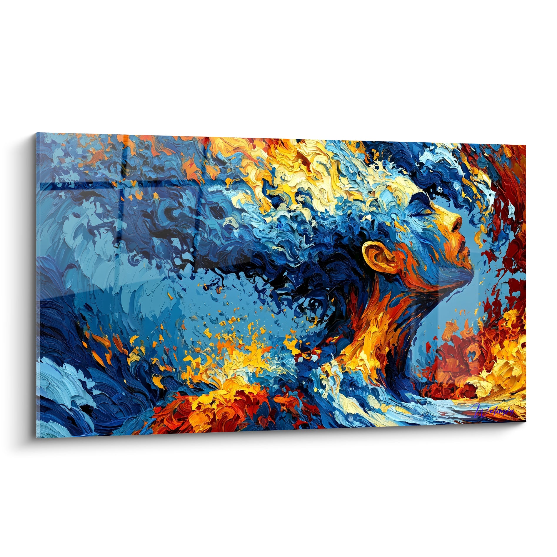 Visage en profil traversé de bleu marine et d'orangé flamboyant, tourbillons peints en pleine toile