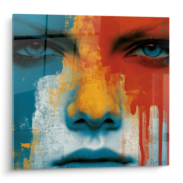 Tableau Visage bicolore bleu et orange aux coulures - Confrontation intérieure - Edition Visage abstrait