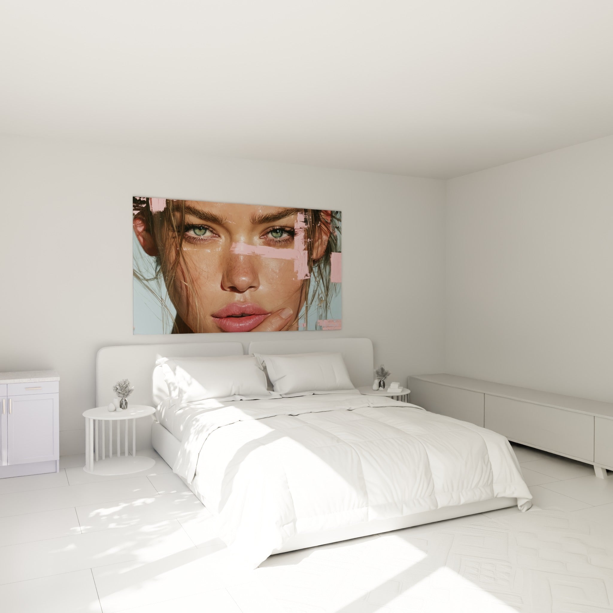 Regard vert intense du visage abstrait rose et bleu, au-dessus d'un lit dans une chambre claire