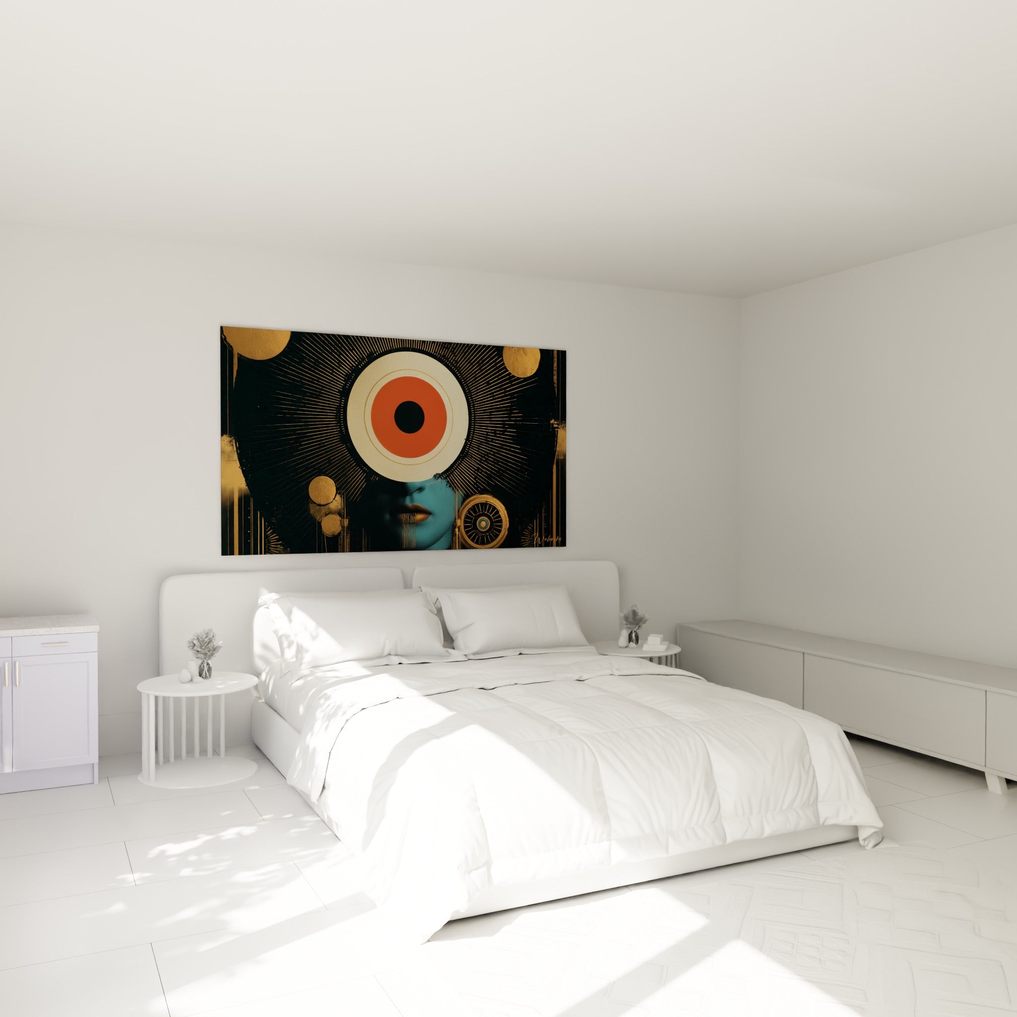 Œil solaire terracotta et visage bleu pétrole du visage abstrait au-dessus d'un lit dans une chambre claire