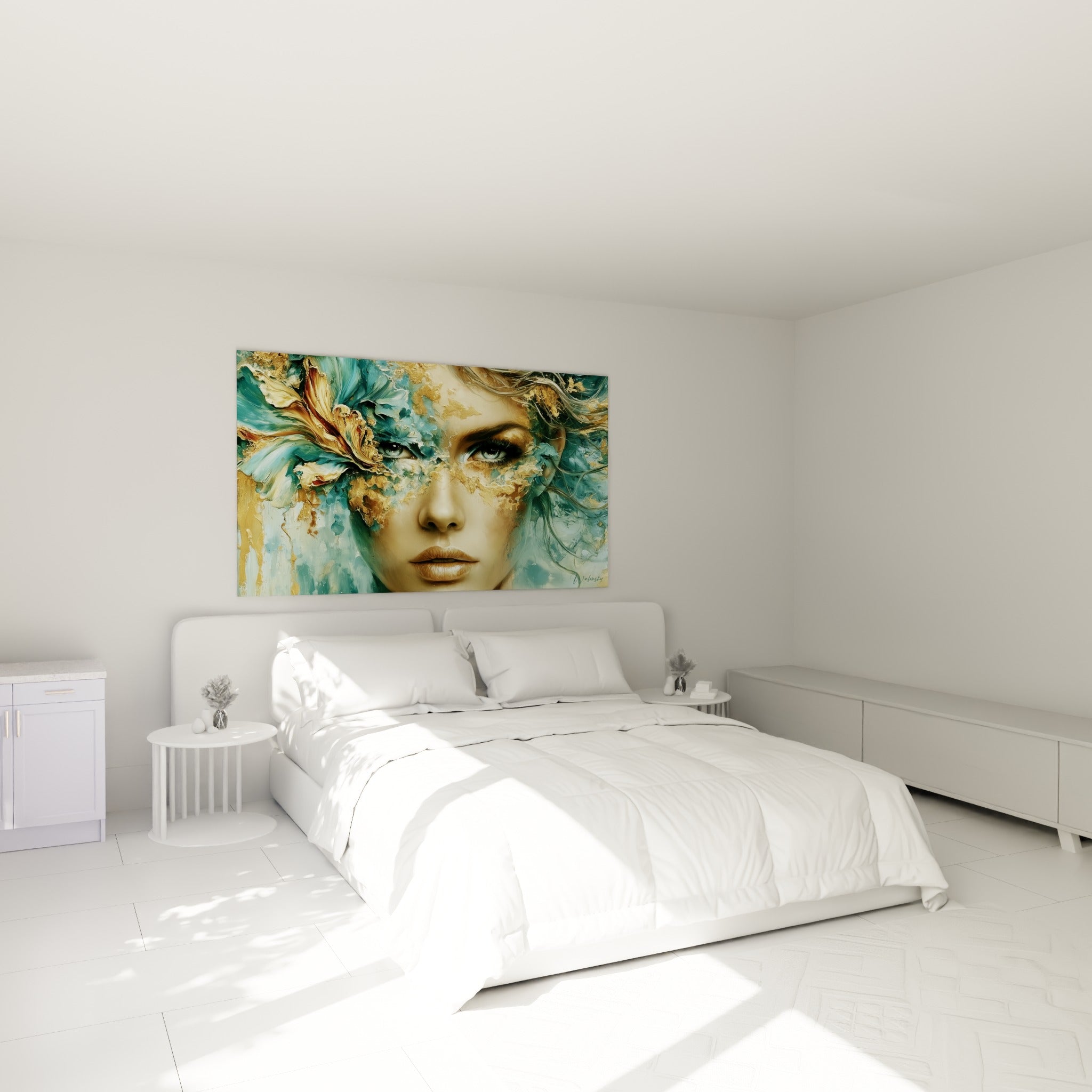 Portrait abstrait doré aux nuances turquoise accroché au-dessus d'un lit dans une chambre claire
