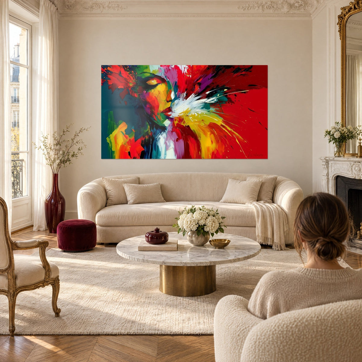 Wall art profile of a face with closed eyelids, bright red and yellow splashes, hanging above a sofa in a bright living room