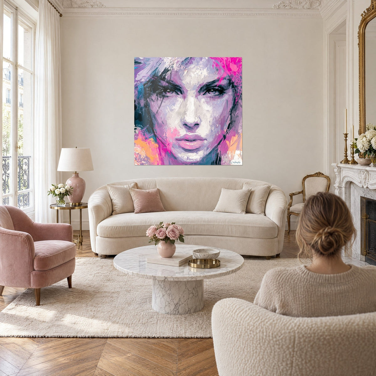 Quadro ritratto di donna con impasti fucsia e viola, sguardo scuro, sopra un divano in un soggiorno luminoso