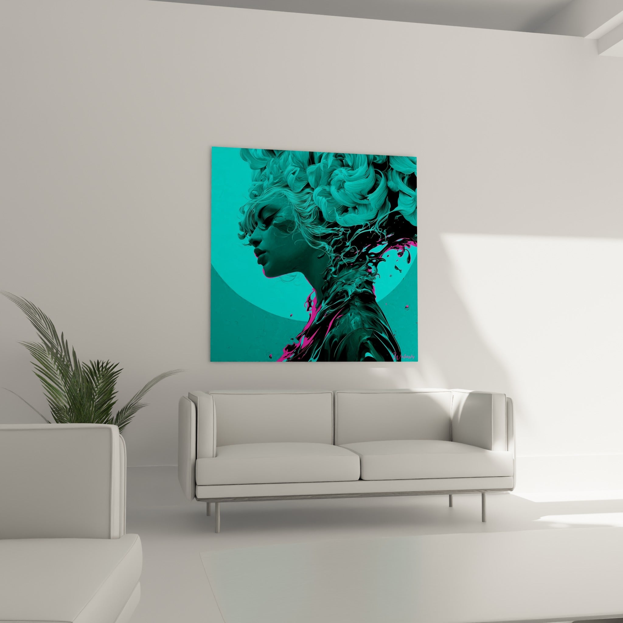 Boucles turquoise et matière noire fluide se rencontrant, œuvre accrochée au-dessus d'un canapé dans un salon lumineux