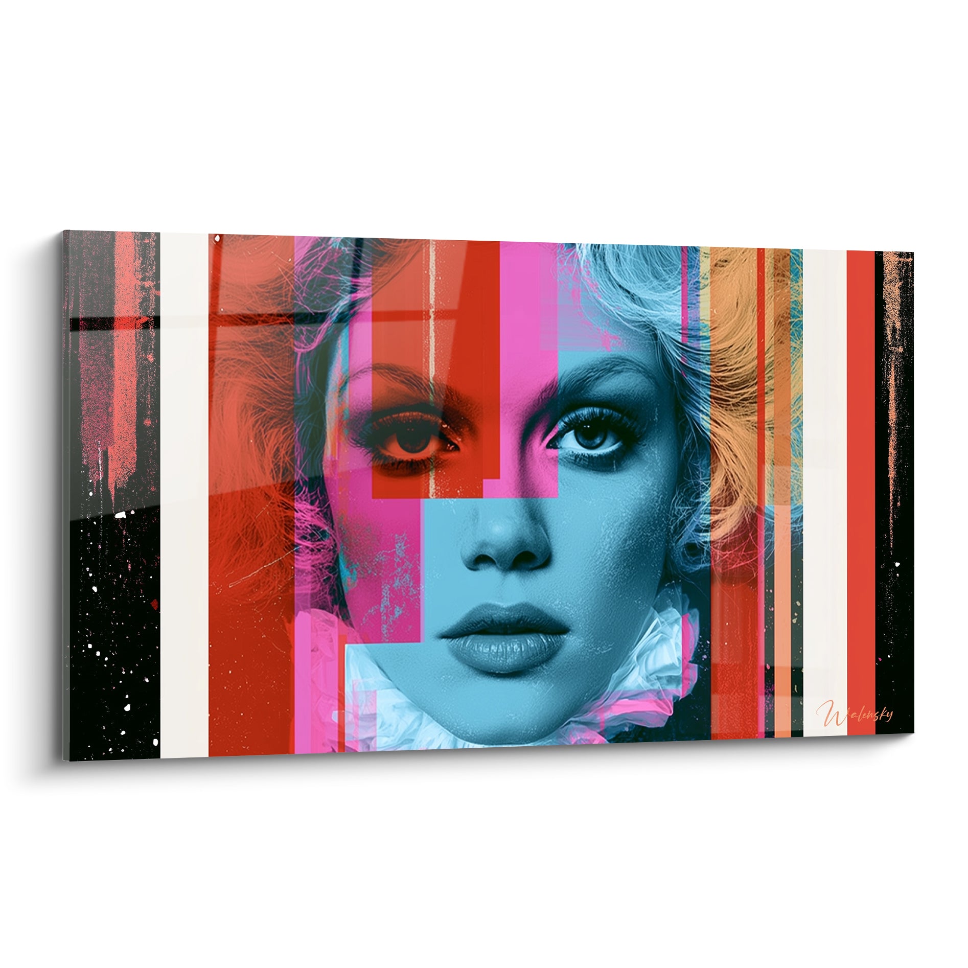 Visage abstrait aux bandes bleu pétrole et rose fuchsia, regard intense au style pop art