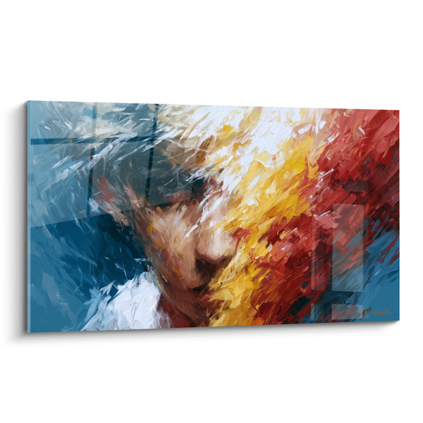 Tableau Visage rouge et bleu aux flammes dorées - Embrasement chromatique - Edition Visage abstrait