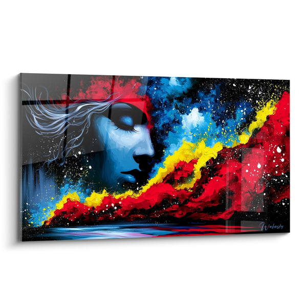 Tableau Profil bleu et rouge aux mèches vaporeuses - Songe cosmique - Edition Visage abstrait
