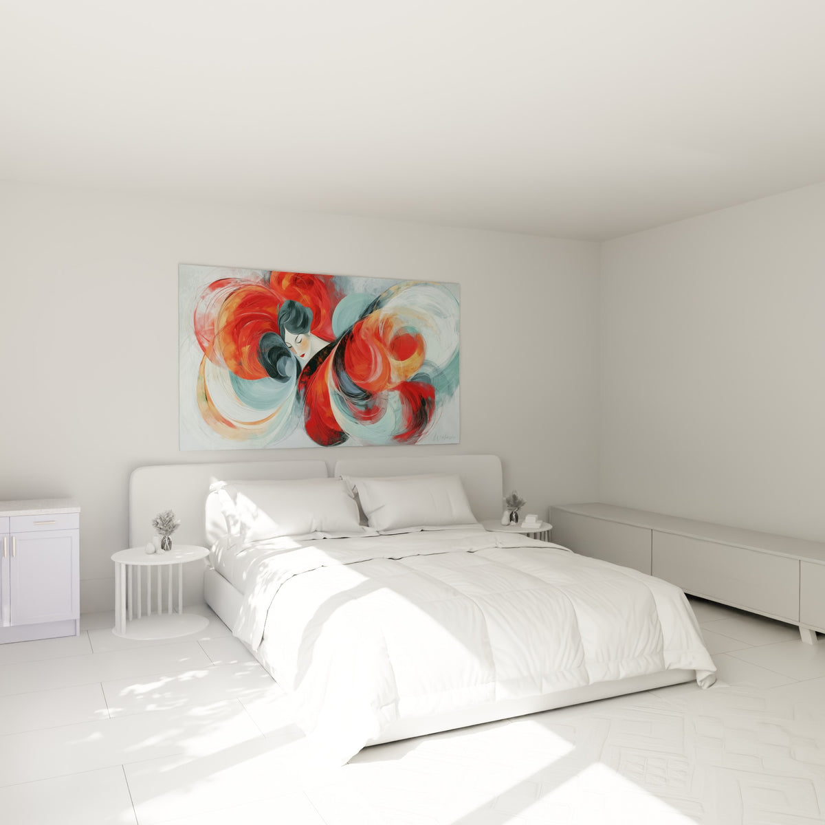 Portrait tourbillonnant rouge et bleu sarcelle du visage abstrait, accroché au-dessus d'un lit dans une chambre claire
