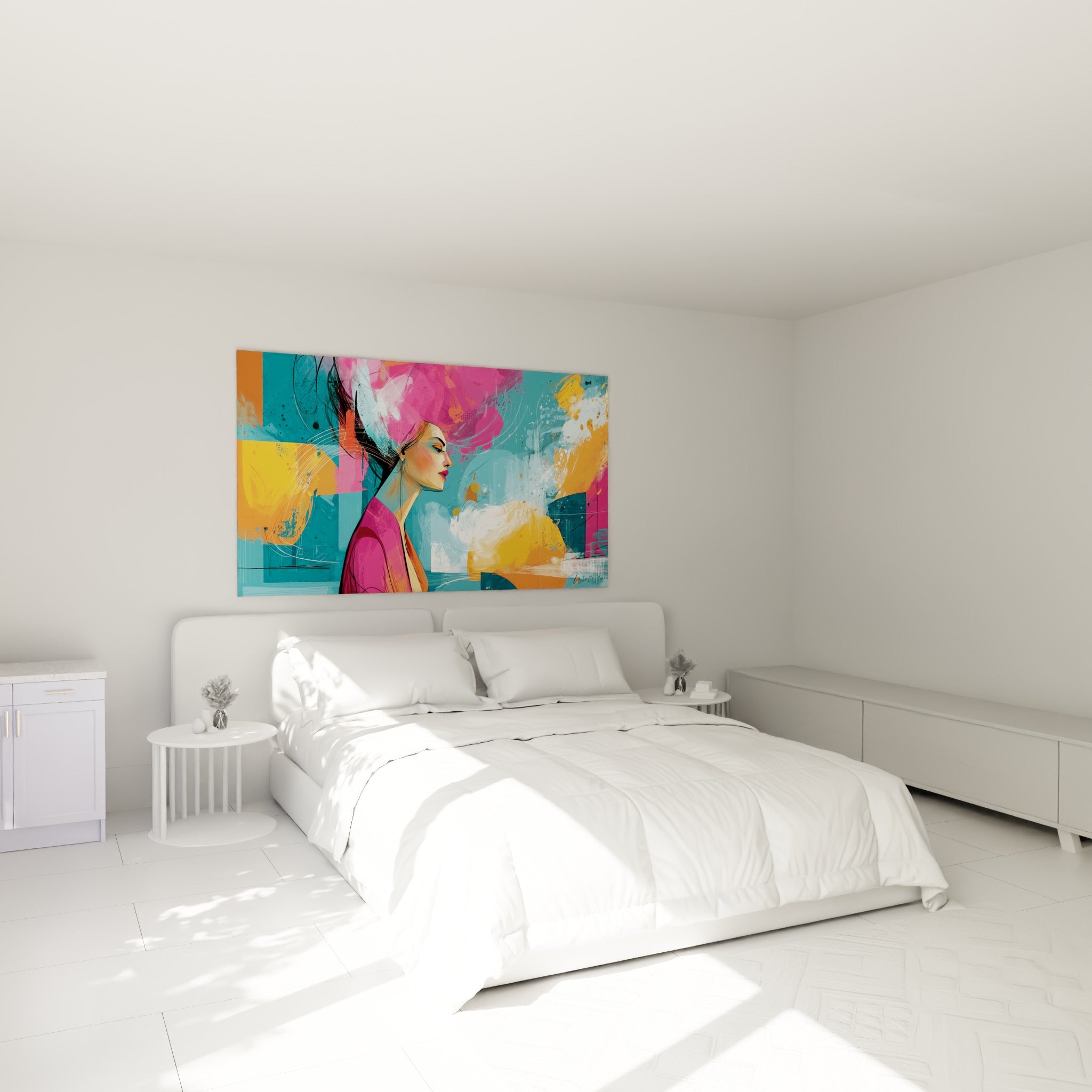 Portrait au profil rose et bleu sarcelle du visage abstrait, accroché au-dessus d'un lit dans une chambre claire.