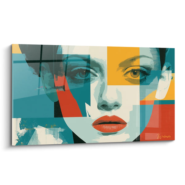 Tableau Portrait bleu sarcelle et jaune aux lèvres rouges - Fragments de regard - Edition Visage abstrait