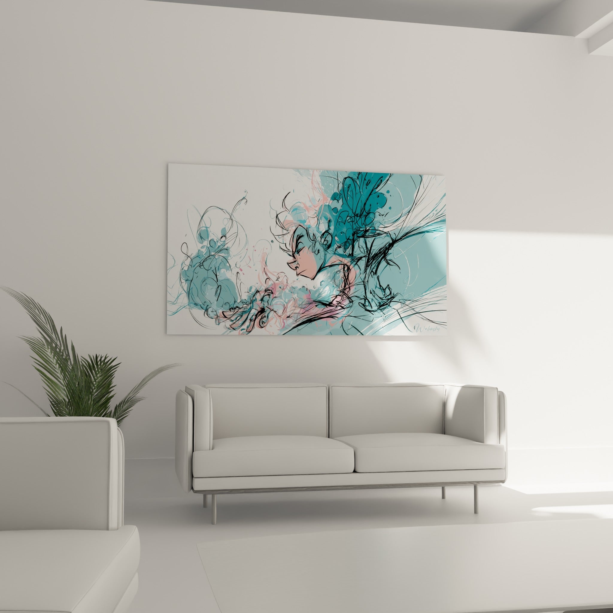 Silhouette abstraite bleu sarcelle et corail, geste vif au crayon, au-dessus d'un canapé dans un salon lumineux