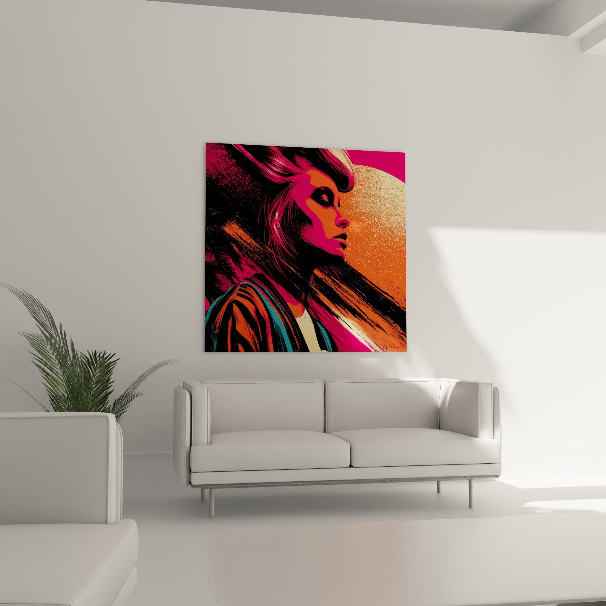 Portrait graphique rose fuchsia et bleu turquoise du visage abstrait au-dessus d'un canapé dans un salon lumineux