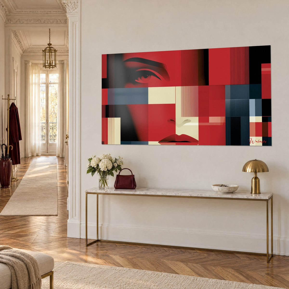 Wall art with a stylized gaze on flat red, slate blue and cream areas, red lips at the bottom, three-quarter view above a console table