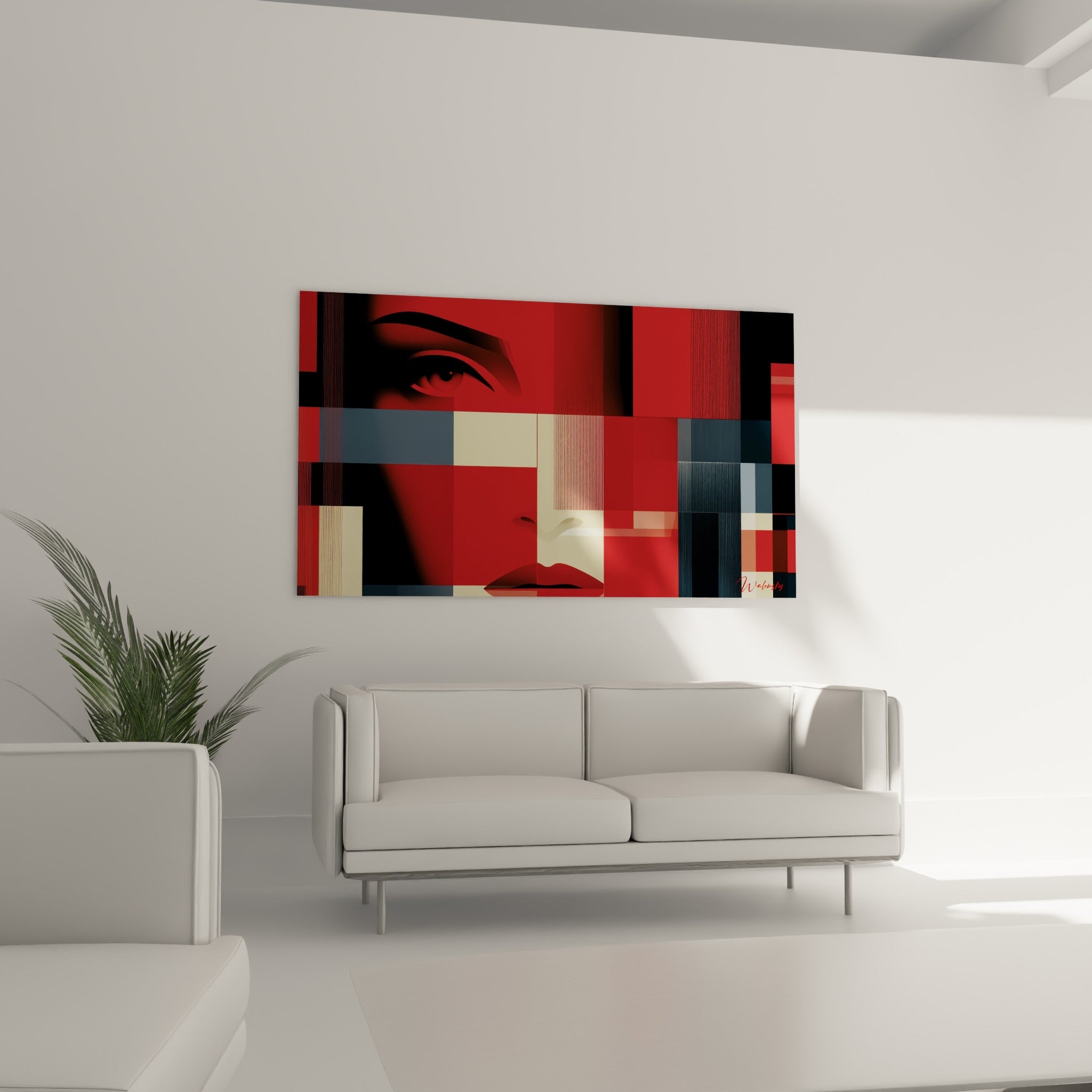 Blocs géométriques rouge et bleu ardoise du Visage abstrait, disposés au-dessus d'un canapé dans un salon lumineux