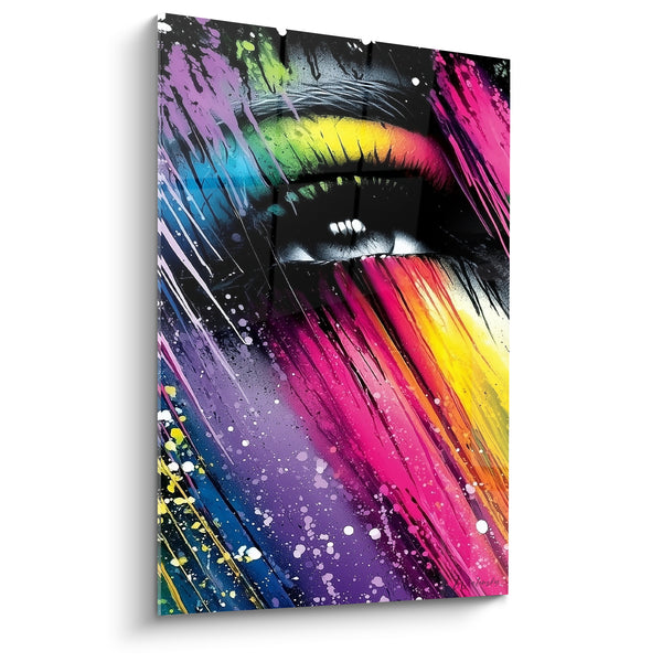 Tableau Bouche rose et jaune éclaboussée de peinture - Explosion sensorielle - Edition Visage abstrait