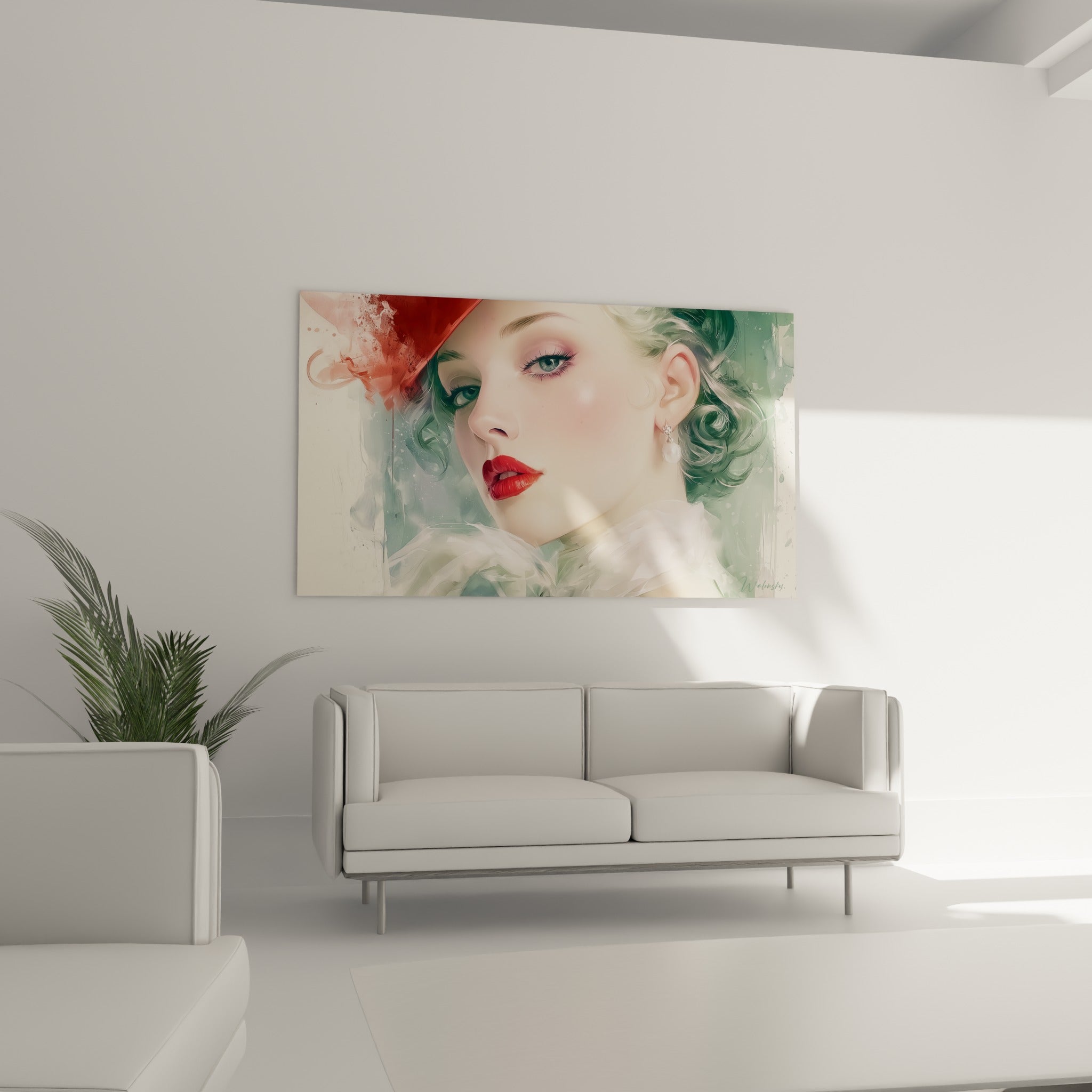 Femme du Visage abstrait aux lèvres écarlates et boucle d'oreille perlée, au-dessus d'un canapé dans un salon lumineux