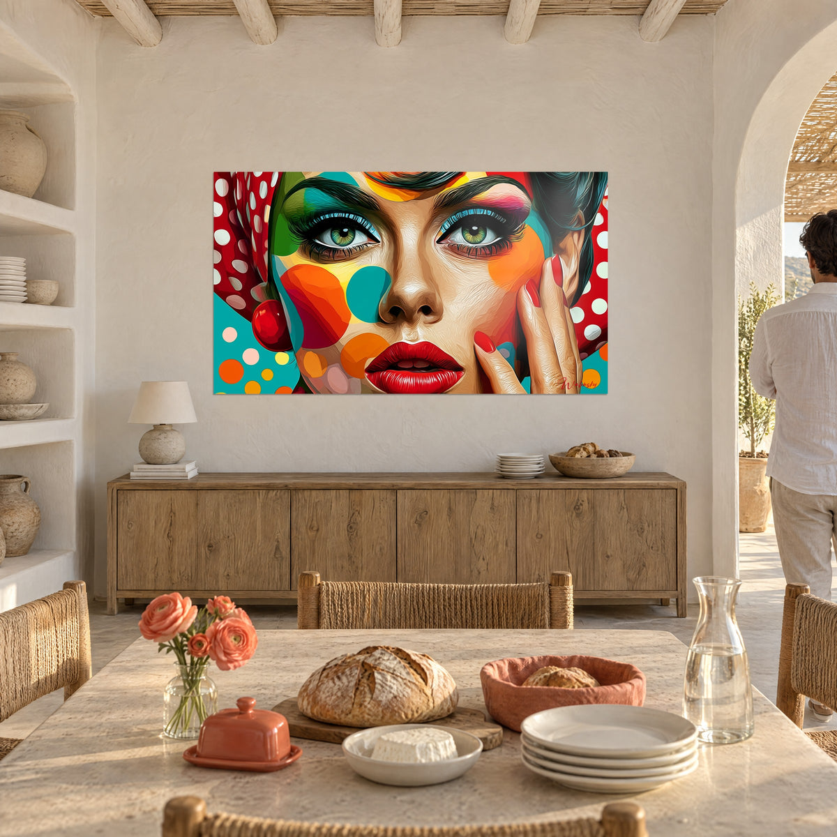 Quadro bocca rosso acceso e foulard a pois, tocchi arancioni e turchesi, appeso sopra una credenza in legno chiaro