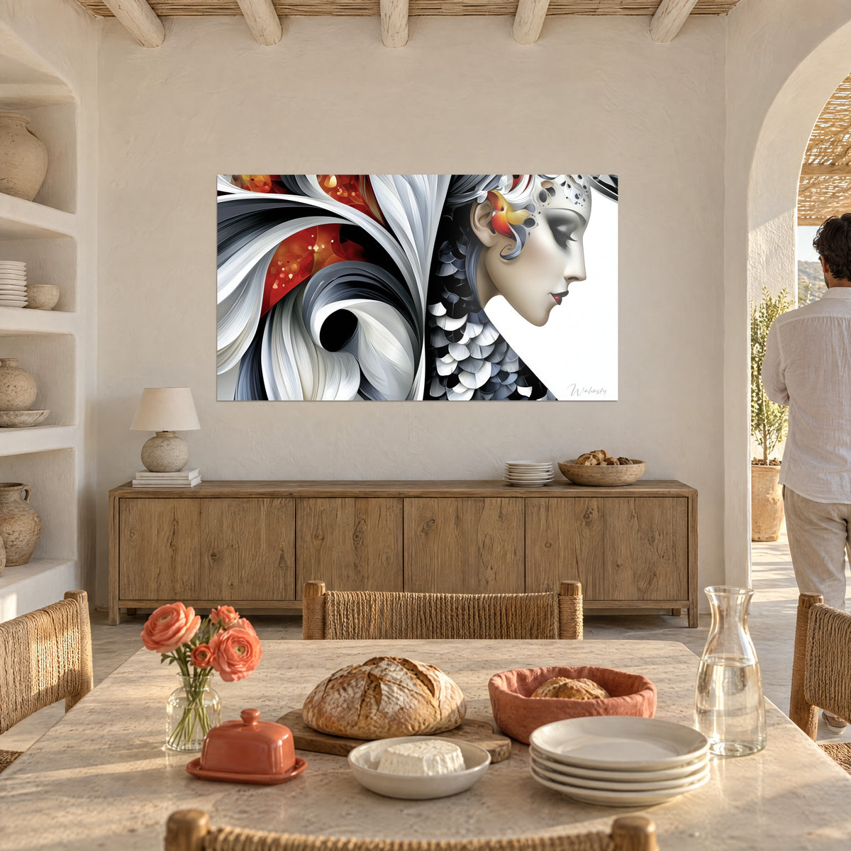 Wall art female figure in profile, pearly white and black swirls, red and yellow flower, above a light wood sideboard
