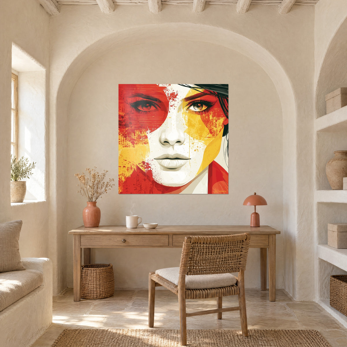 Schilderij grafisch gezicht, rood en mosterdgeel op ivoren achtergrond, gewelfde stenen muur van een studeerkamer