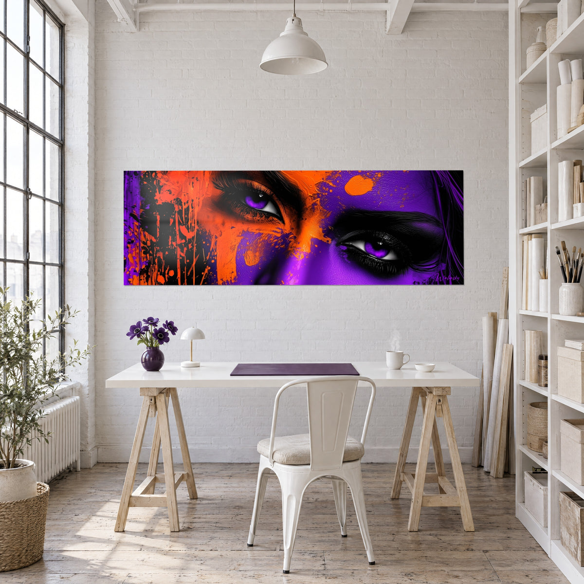 Tableau œil d'améthyste cerné de noir, taches orange sur peau violette, accroché au-dessus d'un bureau blanc du loft