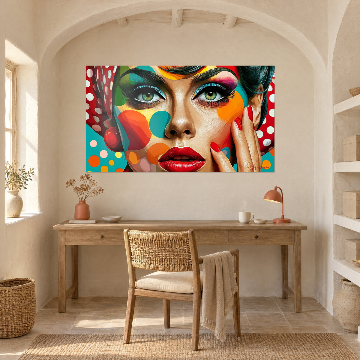Quadro musa pop art dai grandi occhi verdi, pois rossi, turchesi e arancioni, sopra una scrivania in legno in una stanza bianca