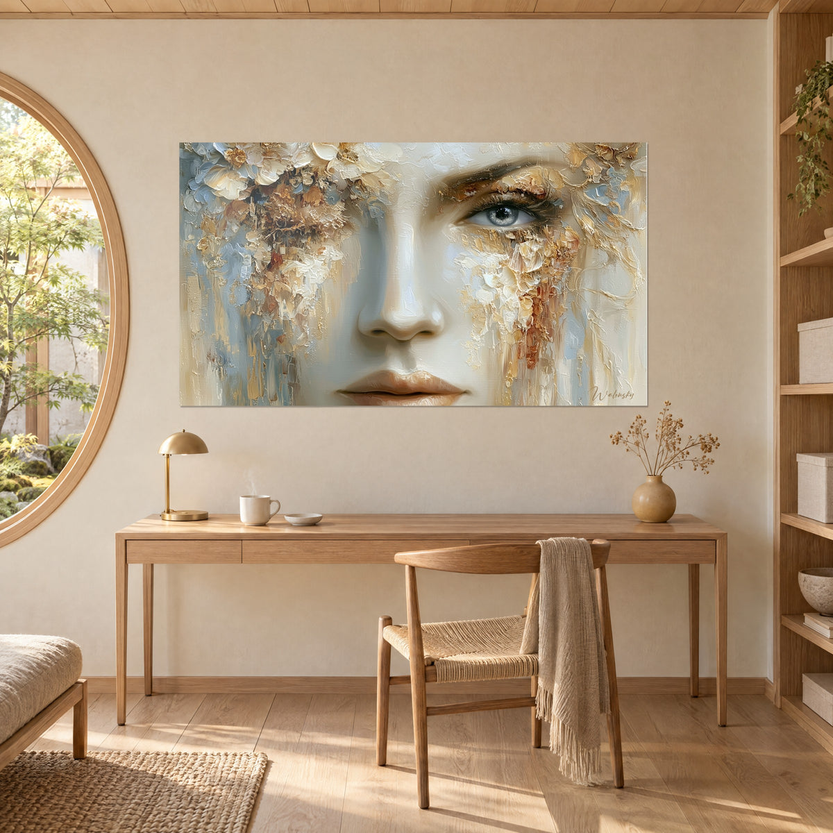 Quadro occhio azzurro penetrante e labbra rosate, impasti bianchi e marrone dorato, parete crema sopra una scrivania in legno chiaro