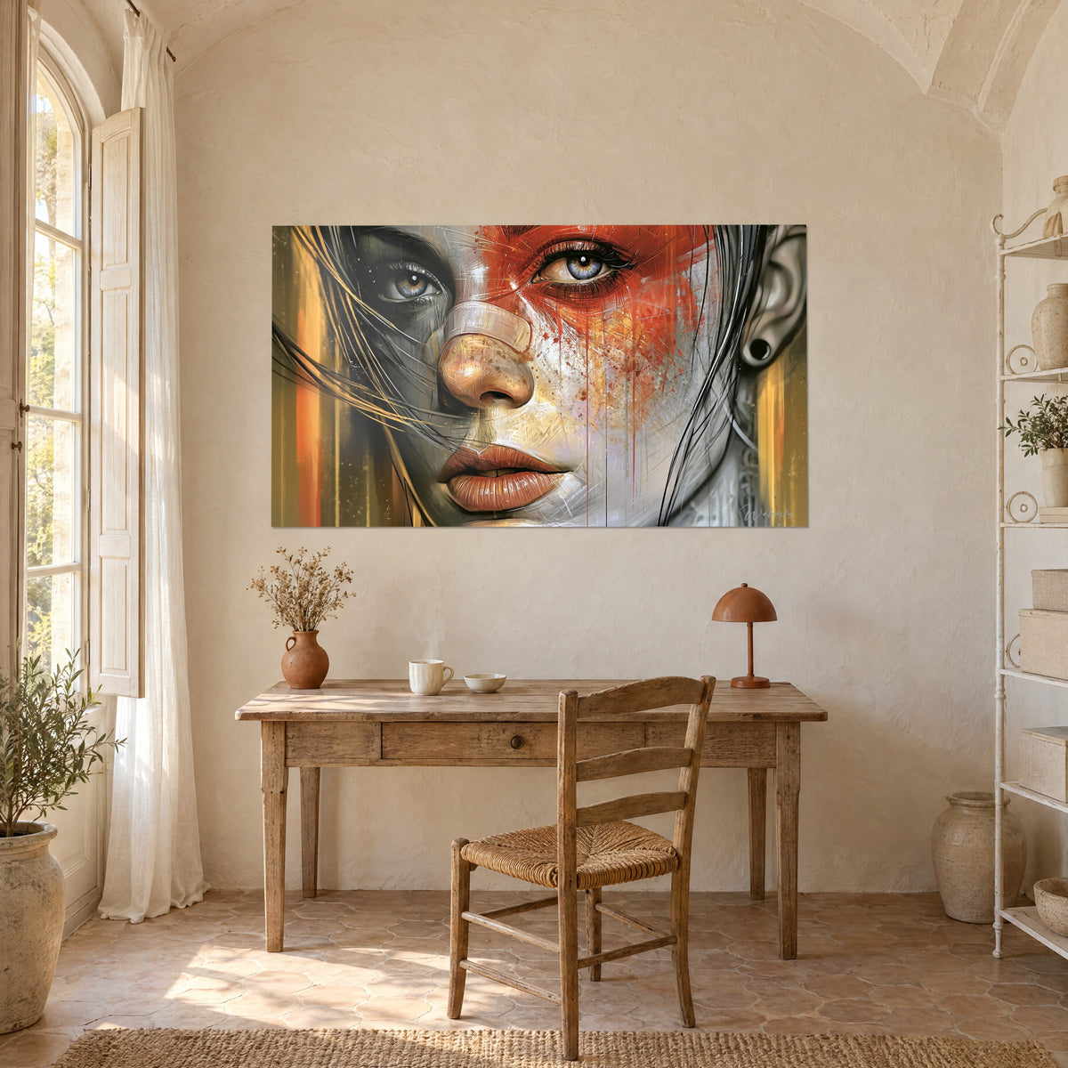 Schilderij verdubbeld oog omcirkeld door baksteenrood, achtergrond van gouden strepen, hangend boven een bureau van licht hout en een rieten stoel