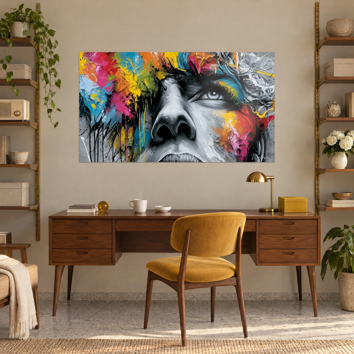 Tableau masque peint aux grandes coulées orange et bleu, nez en gros plan, fixé au-dessus d'un bureau en bois et d'un fauteuil moutarde