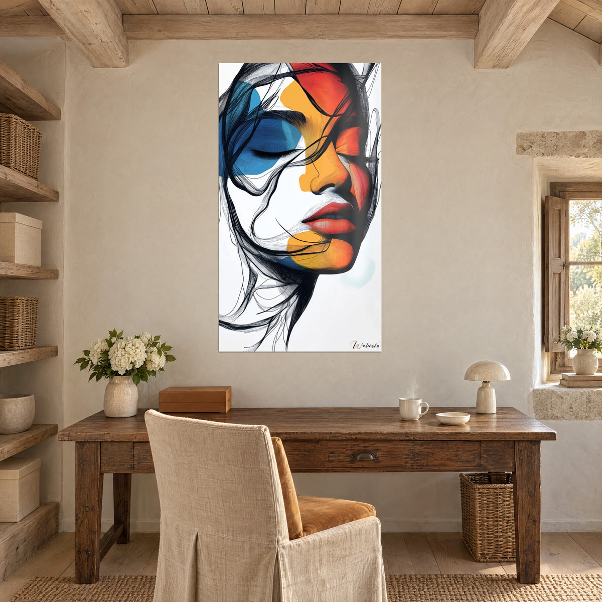 Gemälde Skizze eines Gesichts mit geschlossenen Augen, senfgelbe und kobaltblaue Flächen, an einer beigen Wand neben einem Holzschreibtisch