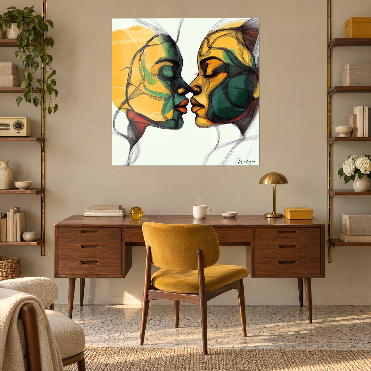 Gemälde Duo aus Gesichtern einander gegenüber, geschlossene Augen, Flächen in Ockergelb und Flaschengrün, graue Haarsträhnen, über einem Holzschreibtisch