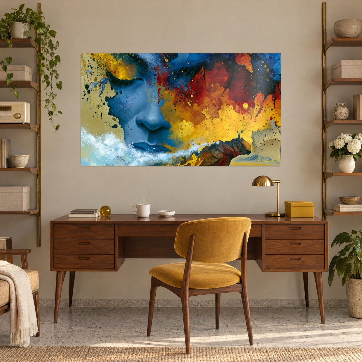 Wall art of a bluish figure with closed eyes, a torrent of mustard and garnet paint splashing across it, hung above a wooden desk and a yellow armchair