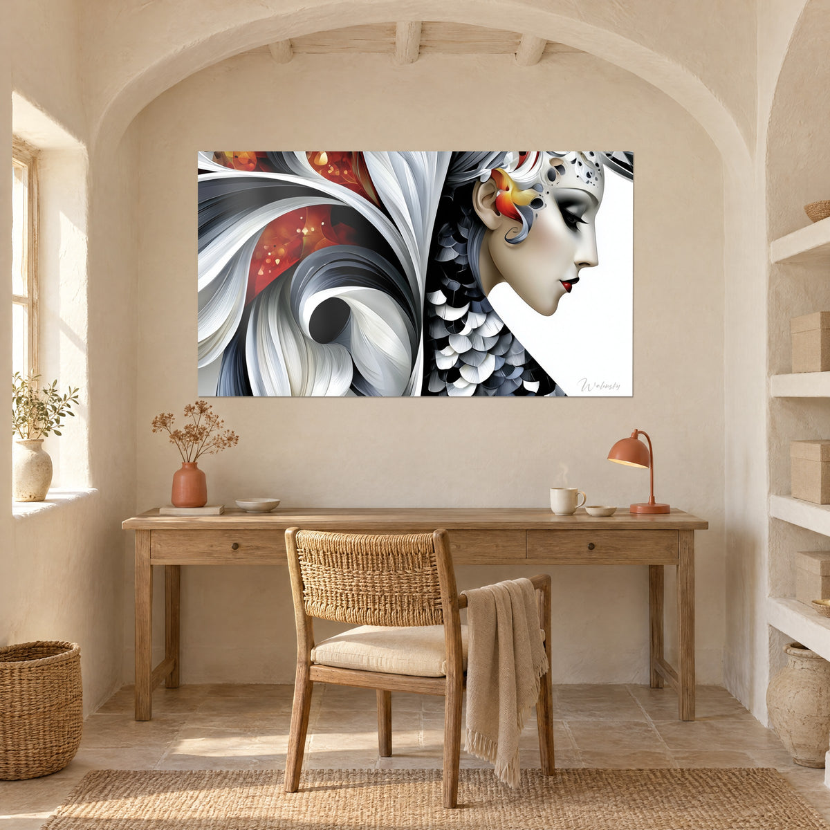 Wall art white muse with feather scales, carmine spiral on an ivory background, hung above a wooden desk