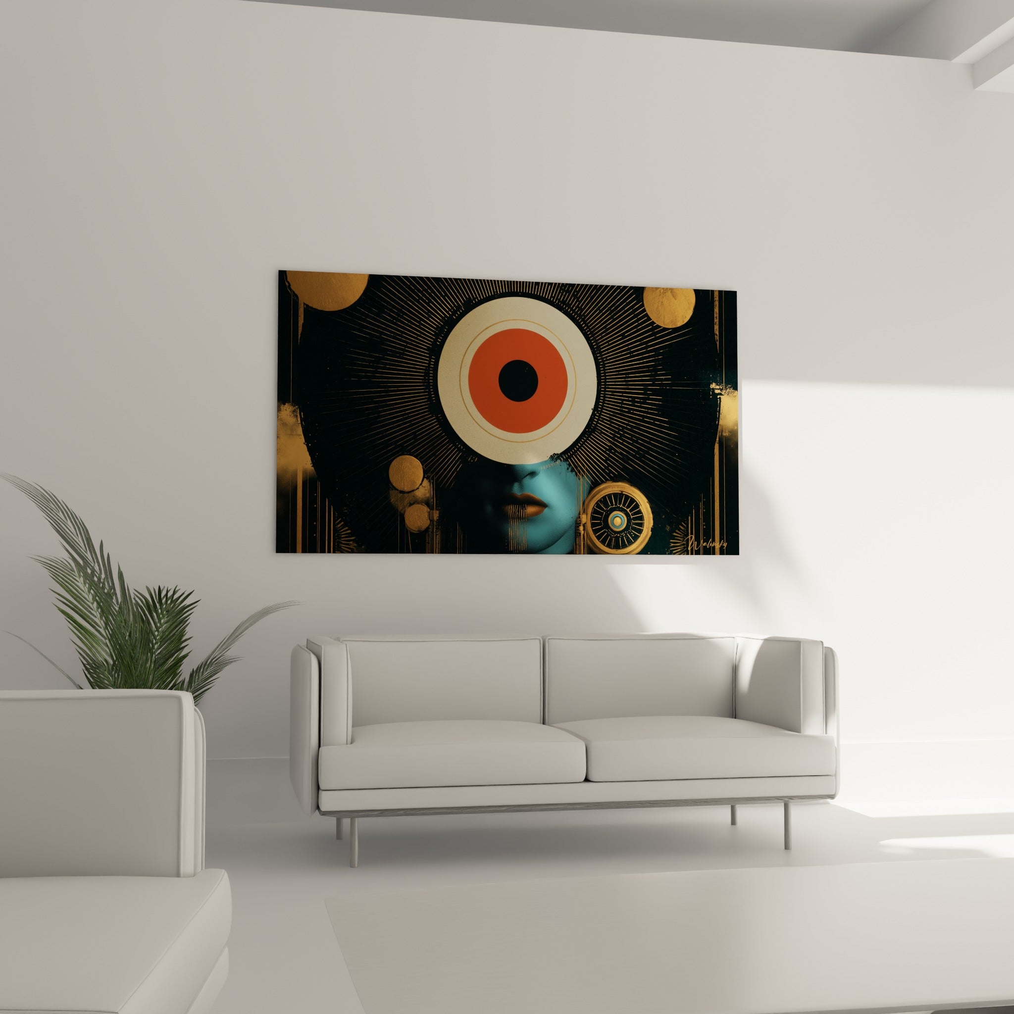 Cercles dorés et visage bleu du visage abstrait disposés au-dessus d'un canapé dans un salon lumineux
