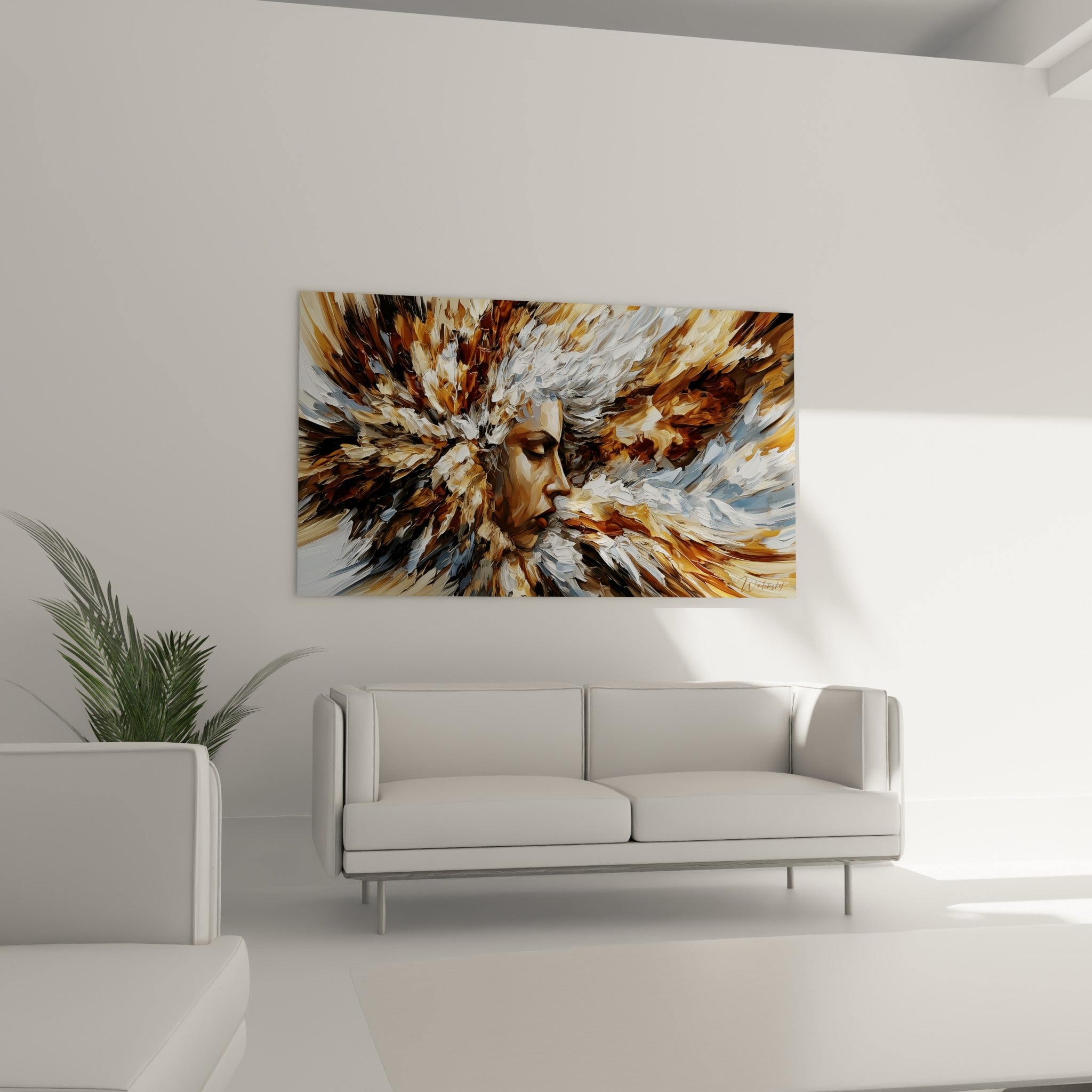 Portrait éclaté en camaïeux bruns et blancs du visage abstrait, au-dessus d'un canapé dans un salon lumineux