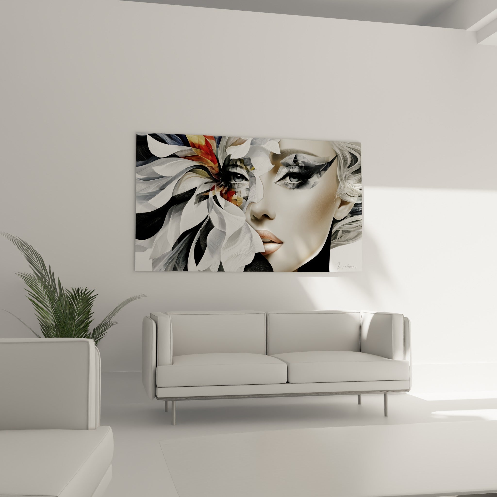 Composition graphique noir et doré du Visage abstrait, suspendue au-dessus d'un canapé dans un salon lumineux