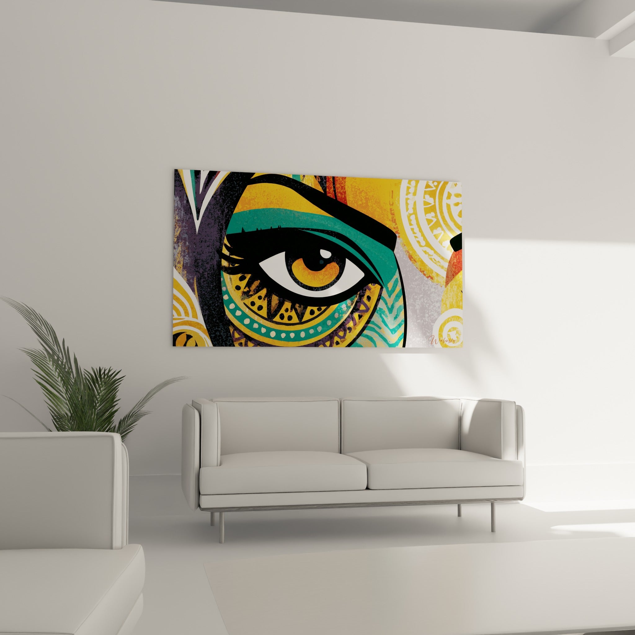 Visage abstrait aux motifs dorés et turquoise disposé au-dessus d'un canapé dans un salon lumineux