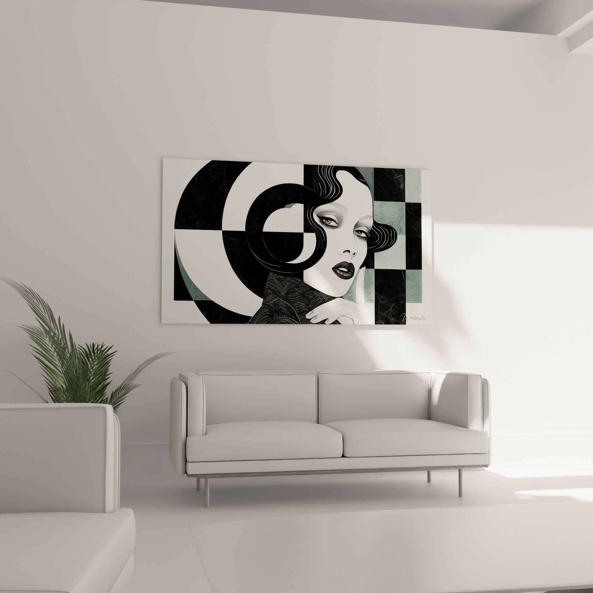 Femme stylisée du Visage abstrait aux tons anthracite placée au-dessus d'un canapé dans un salon lumineux