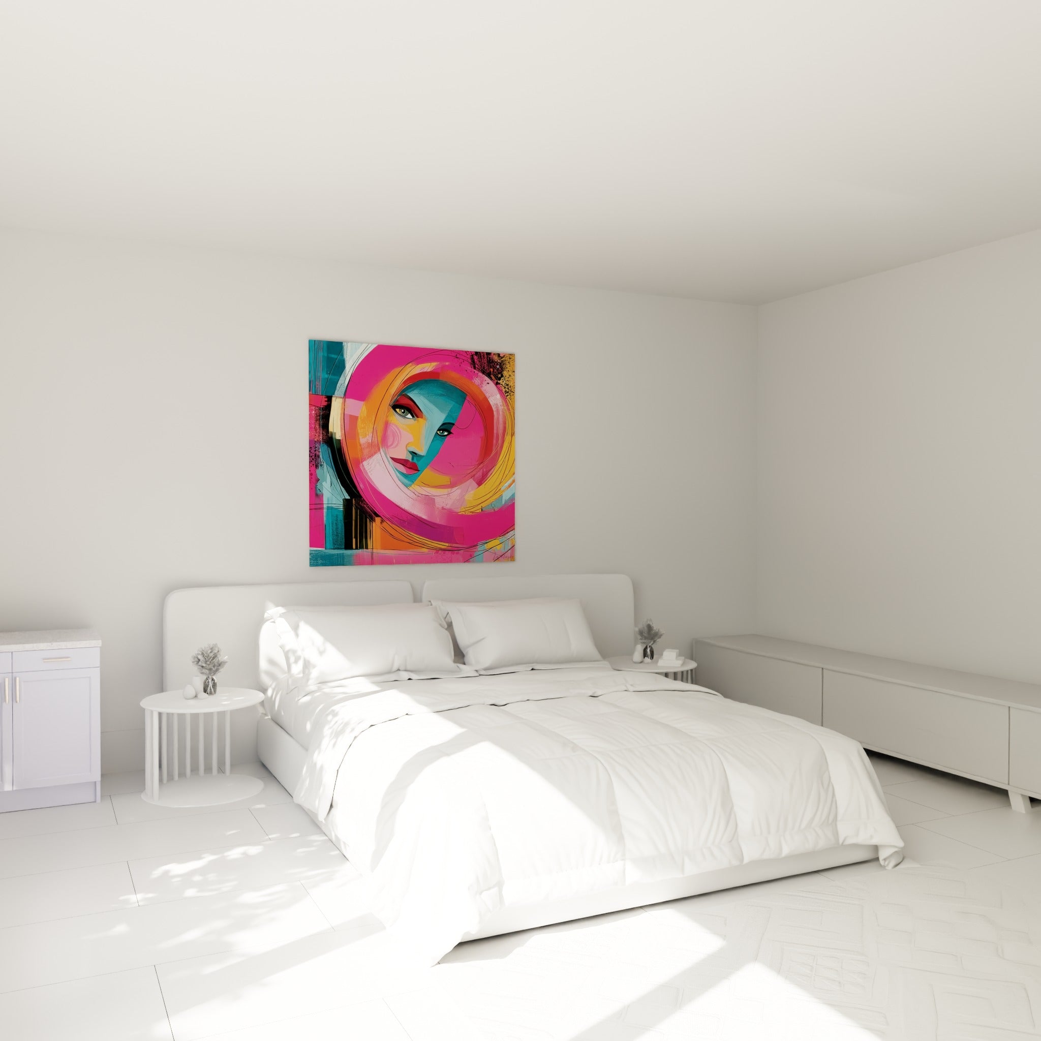 Portrait tourbillonnant en rose fuchsia et bleu sarcelle accroché au-dessus d'un lit dans une chambre claire