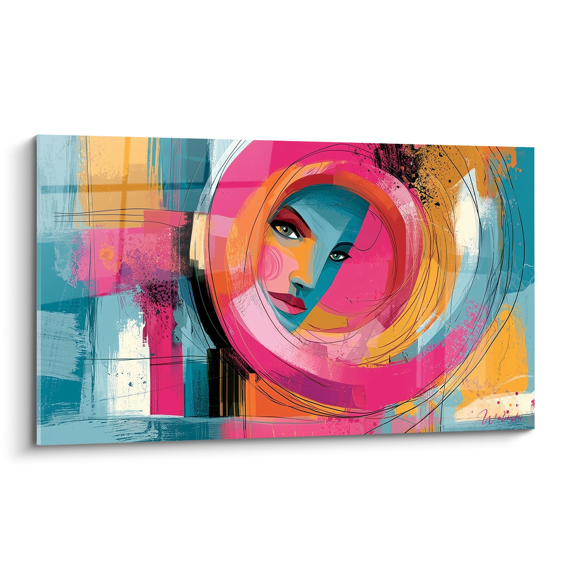Visage abstrait fuchsia et bleu pétrole encerclé de spirales orangées, portrait graphique éclatant