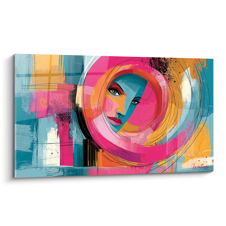 Tableau Visage rose et bleu au cercle spiralé - Traits au fusain - Edition Visage abstrait