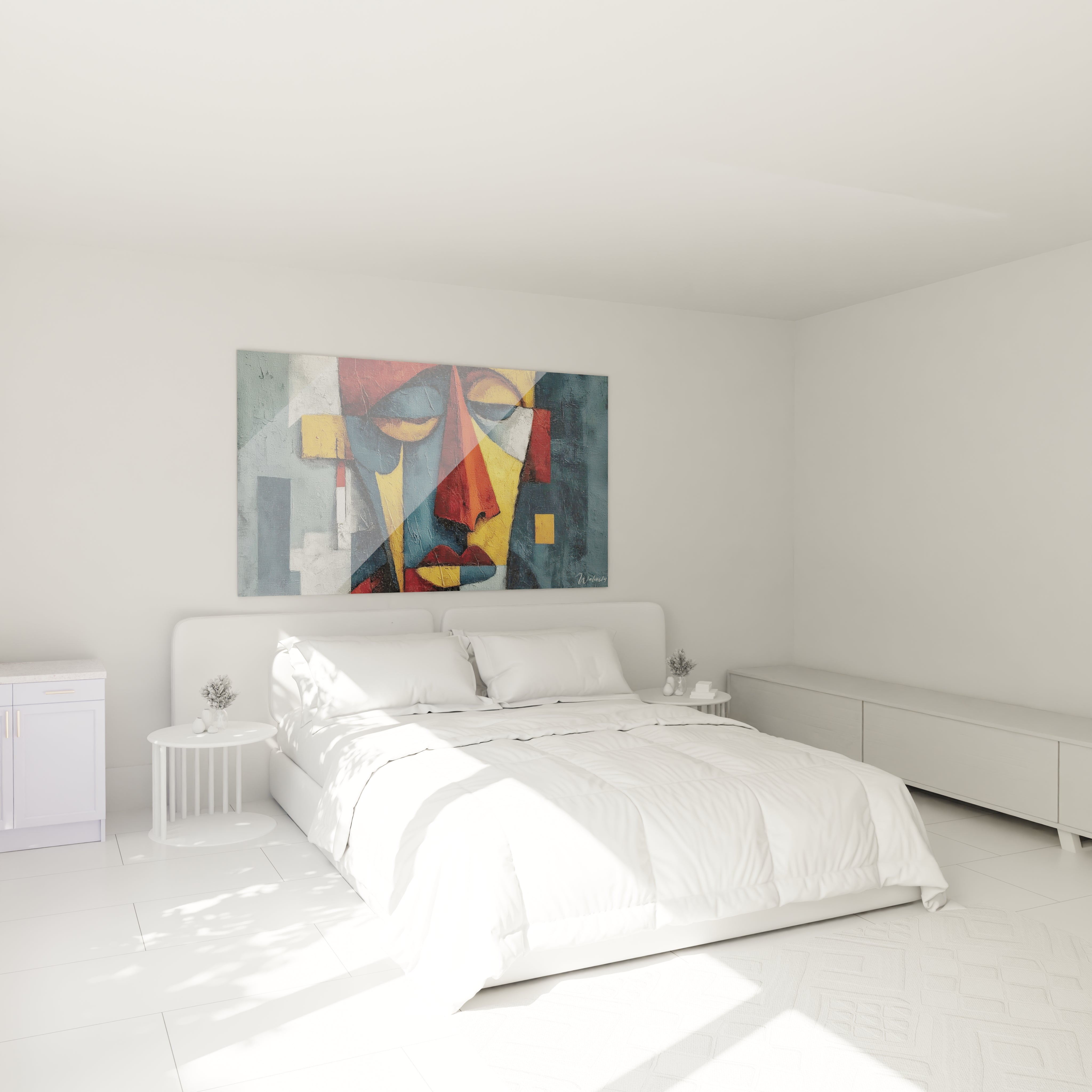 Tableau visage abstrait de Walensky, décor moderne pour une chambre lumineuse et épurée